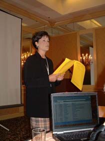 Karon Thackston speaking about SEO copywriting at a copywriting workshop.